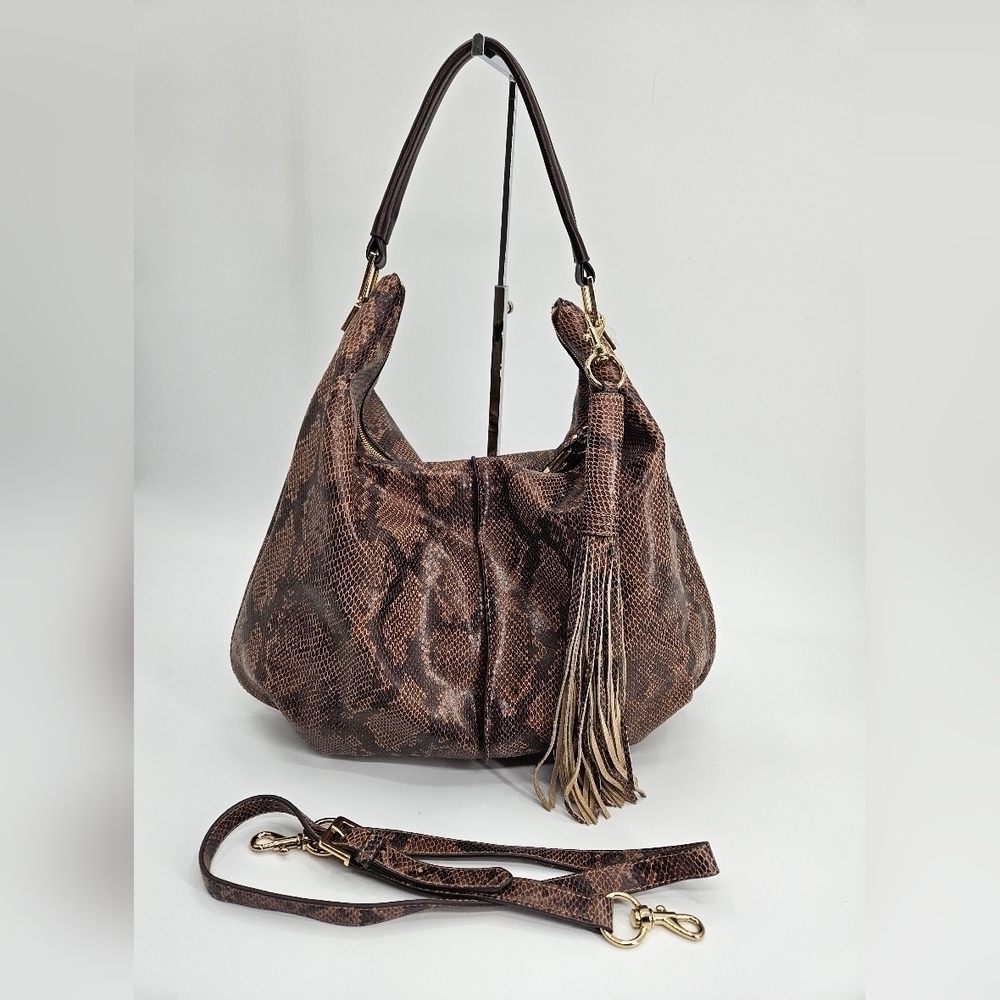 GILI Got To Love It Large LEATHER Emb SNAKE Choc Brown TASSEL Hobo Bag PURSE